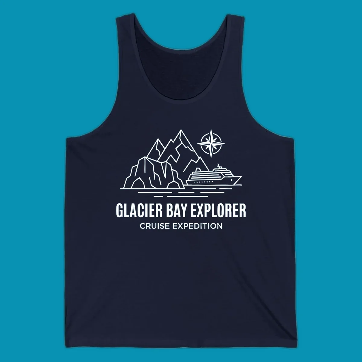 Outline illustration for a Glacier Bay Explorer cruise, featuring mountains, a ship, a compass rose, and the text 'Glacier Bay Explorer Cruise Expedition'.