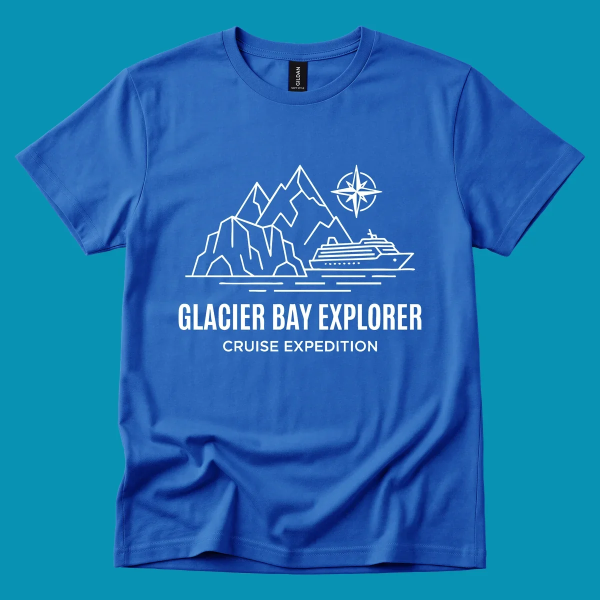 Outline illustration for a Glacier Bay Explorer cruise, featuring mountains, a ship, a compass rose, and the text 'Glacier Bay Explorer Cruise Expedition'.