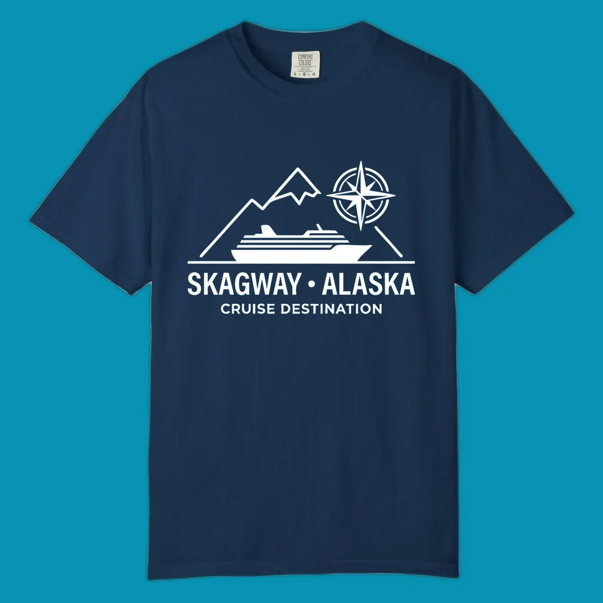White line art graphic with stylized mountains, a cruise ship, a compass rose, and the text 'SKAGWAY • ALASKA CRUISE DESTINATION'. This skagway-alaska-mountain-cruise design is perfect for travelers.