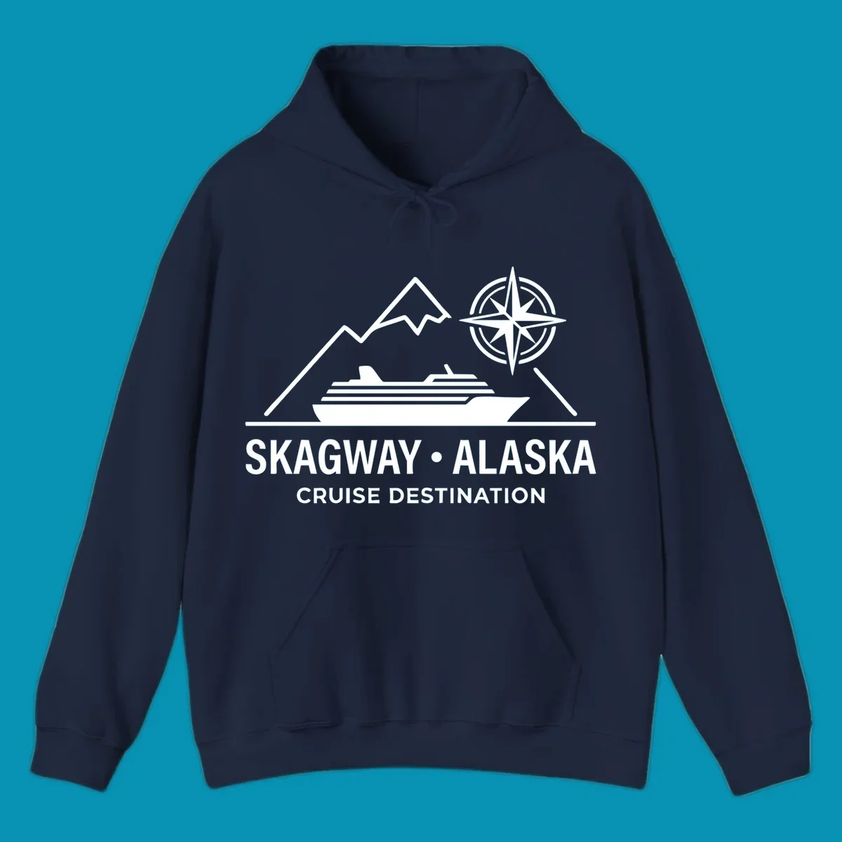 White line art graphic with stylized mountains, a cruise ship, a compass rose, and the text 'SKAGWAY • ALASKA CRUISE DESTINATION'. This skagway-alaska-mountain-cruise design is perfect for travelers.
