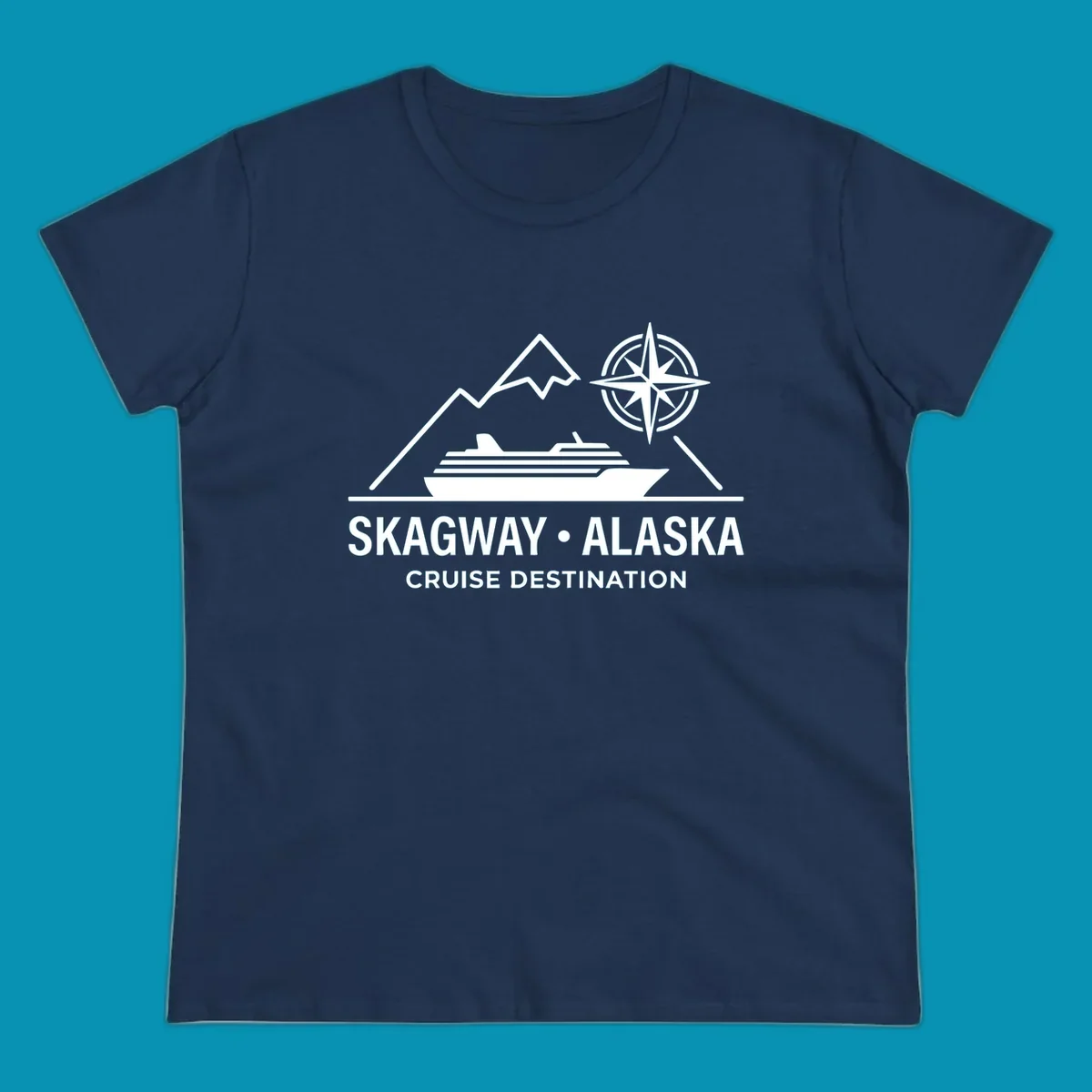 White line art graphic with stylized mountains, a cruise ship, a compass rose, and the text 'SKAGWAY • ALASKA CRUISE DESTINATION'. This skagway-alaska-mountain-cruise design is perfect for travelers.