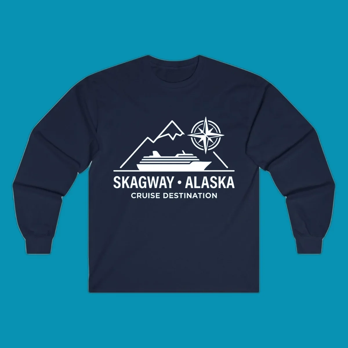 White line art graphic with stylized mountains, a cruise ship, a compass rose, and the text 'SKAGWAY • ALASKA CRUISE DESTINATION'. This skagway-alaska-mountain-cruise design is perfect for travelers.