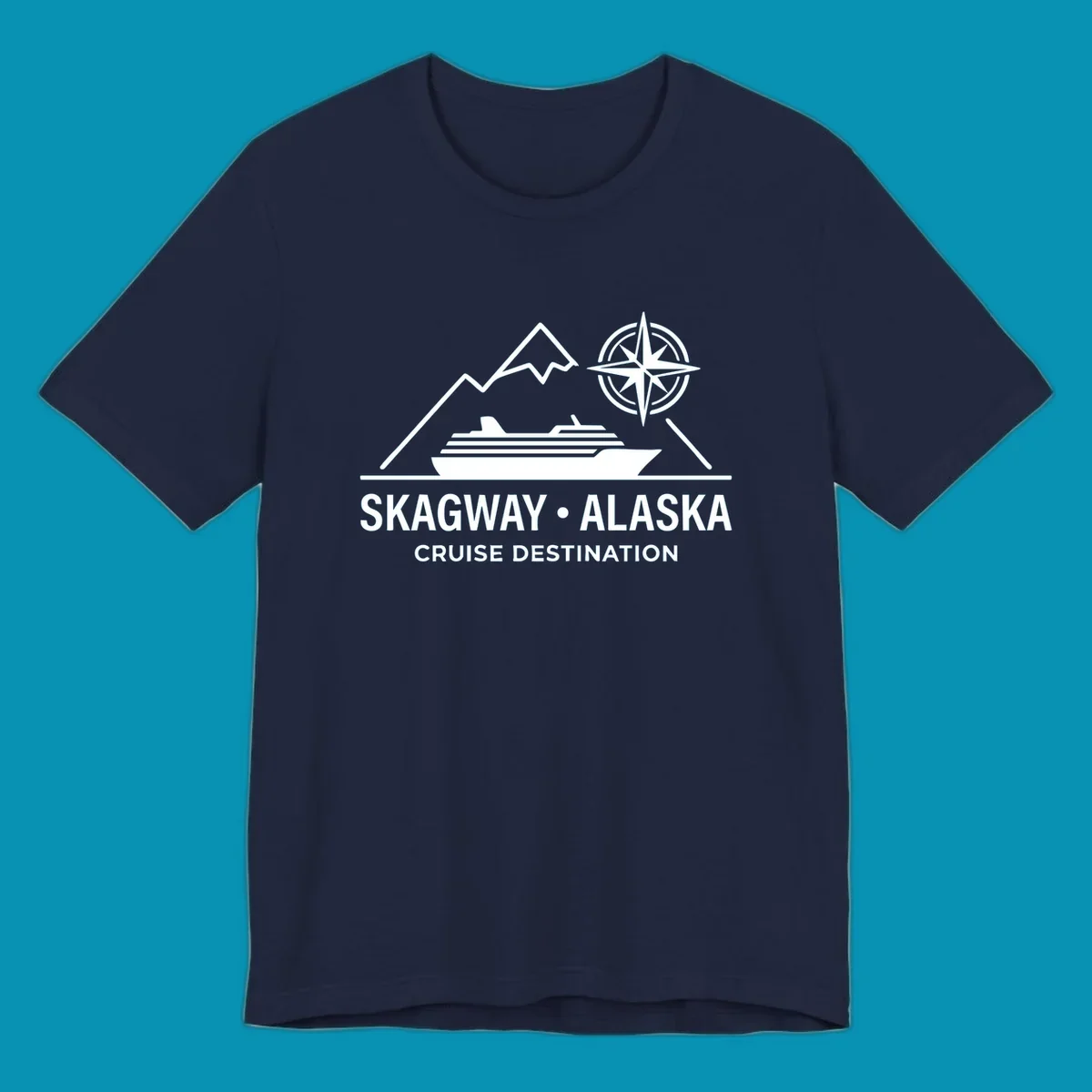 White line art graphic with stylized mountains, a cruise ship, a compass rose, and the text 'SKAGWAY • ALASKA CRUISE DESTINATION'. This skagway-alaska-mountain-cruise design is perfect for travelers.