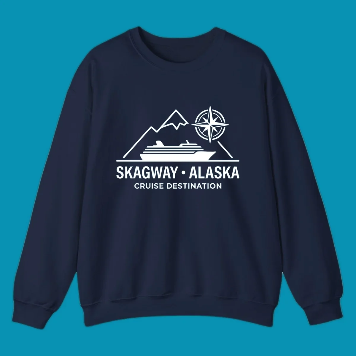White line art graphic with stylized mountains, a cruise ship, a compass rose, and the text 'SKAGWAY • ALASKA CRUISE DESTINATION'. This skagway-alaska-mountain-cruise design is perfect for travelers.