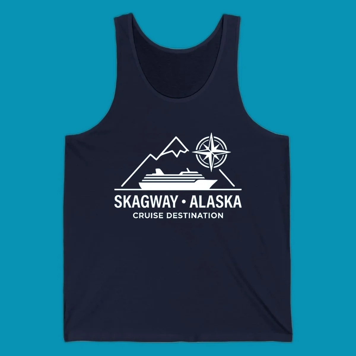 White line art graphic with stylized mountains, a cruise ship, a compass rose, and the text 'SKAGWAY • ALASKA CRUISE DESTINATION'. This skagway-alaska-mountain-cruise design is perfect for travelers.