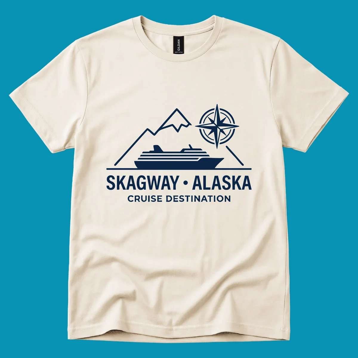White line art graphic with stylized mountains, a cruise ship, a compass rose, and the text 'SKAGWAY • ALASKA CRUISE DESTINATION'. This skagway-alaska-mountain-cruise design is perfect for travelers.