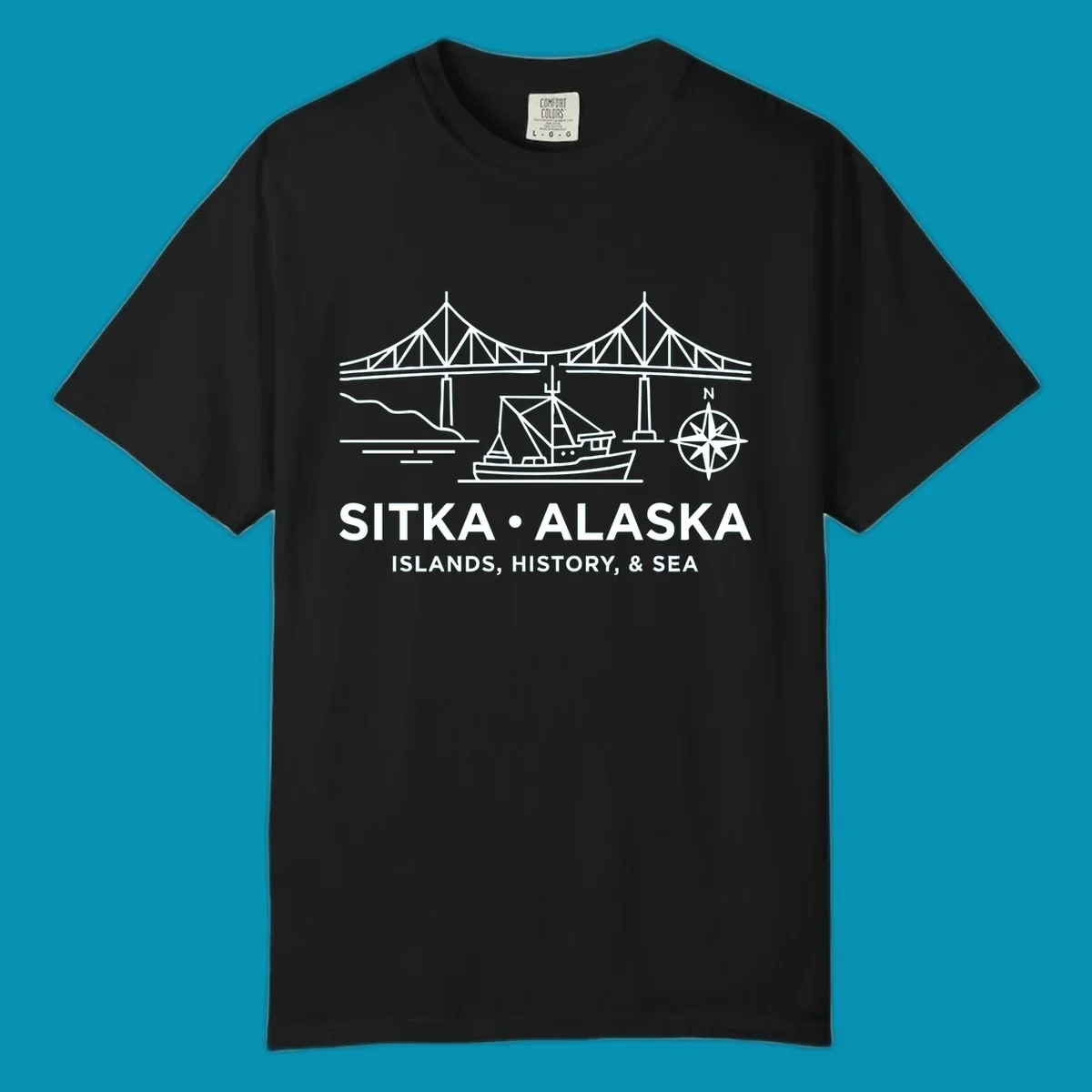White line art of a bridge, fishing boat, and compass rose over text 'Sitka Alaska Islands, History, & Sea', representing a sitka-alaska-bridge-boat design.