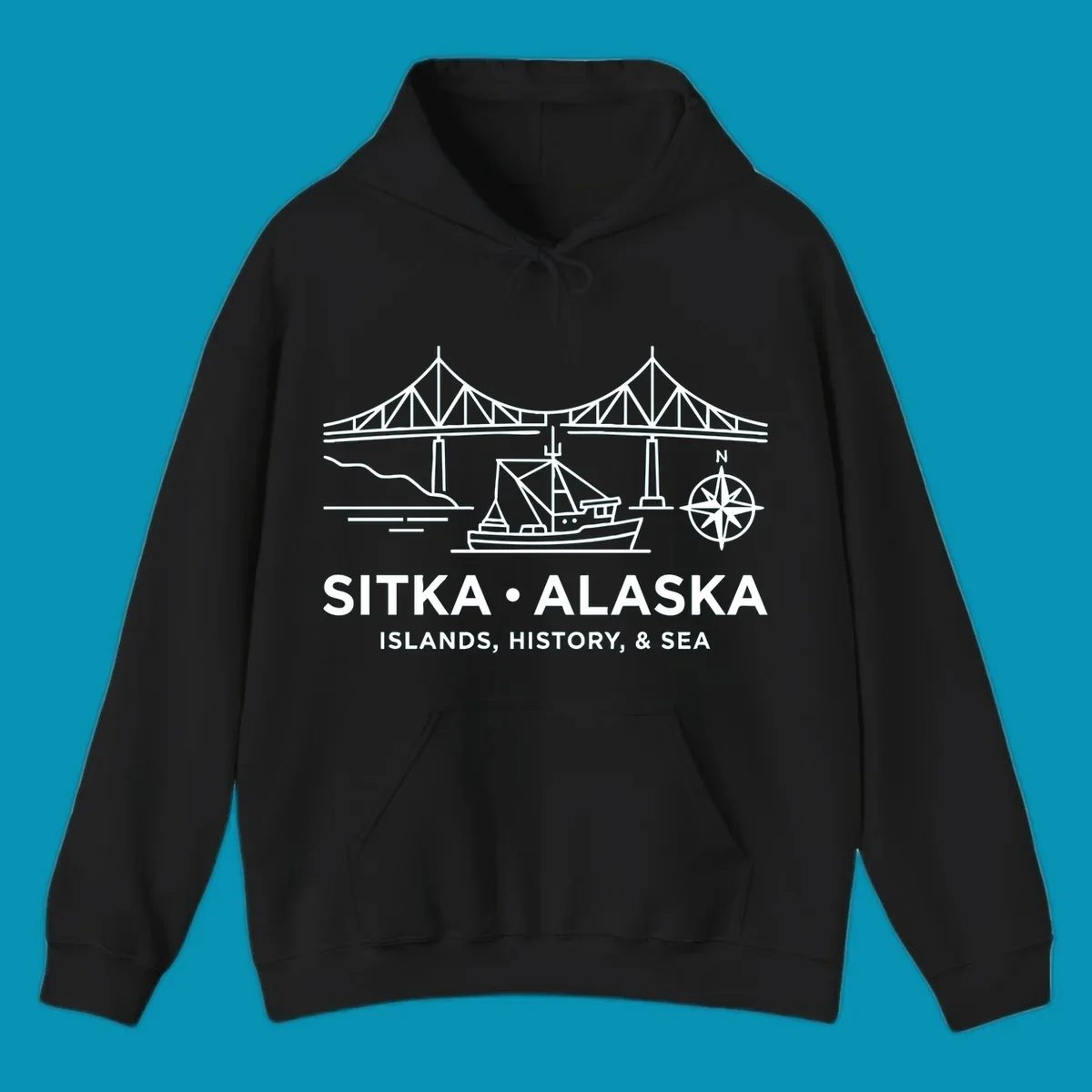 White line art of a bridge, fishing boat, and compass rose over text 'Sitka Alaska Islands, History, & Sea', representing a sitka-alaska-bridge-boat design.