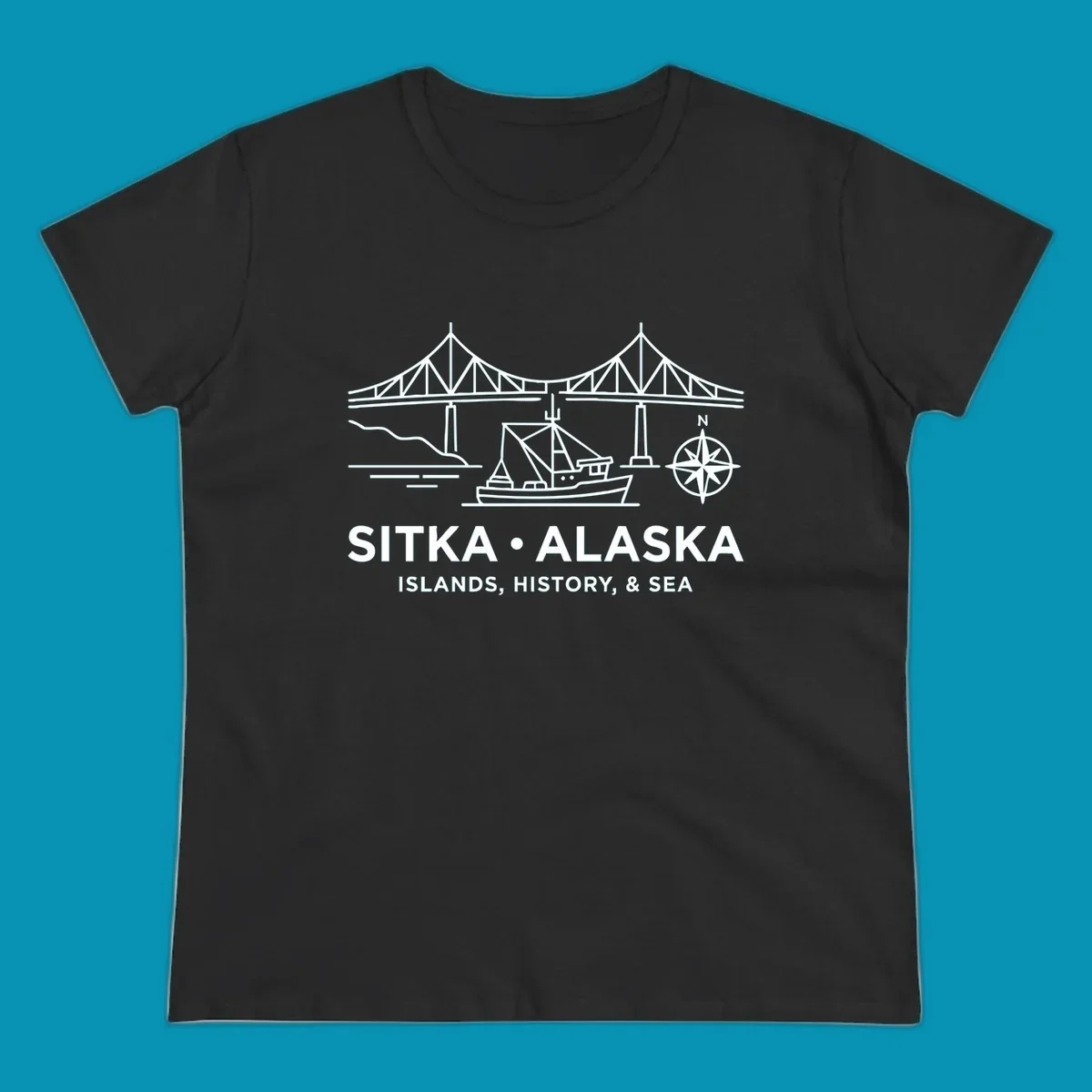 White line art of a bridge, fishing boat, and compass rose over text 'Sitka Alaska Islands, History, & Sea', representing a sitka-alaska-bridge-boat design.
