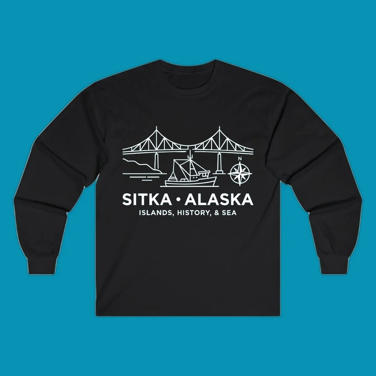 White line art of a bridge, fishing boat, and compass rose over text 'Sitka Alaska Islands, History, & Sea', representing a sitka-alaska-bridge-boat design.