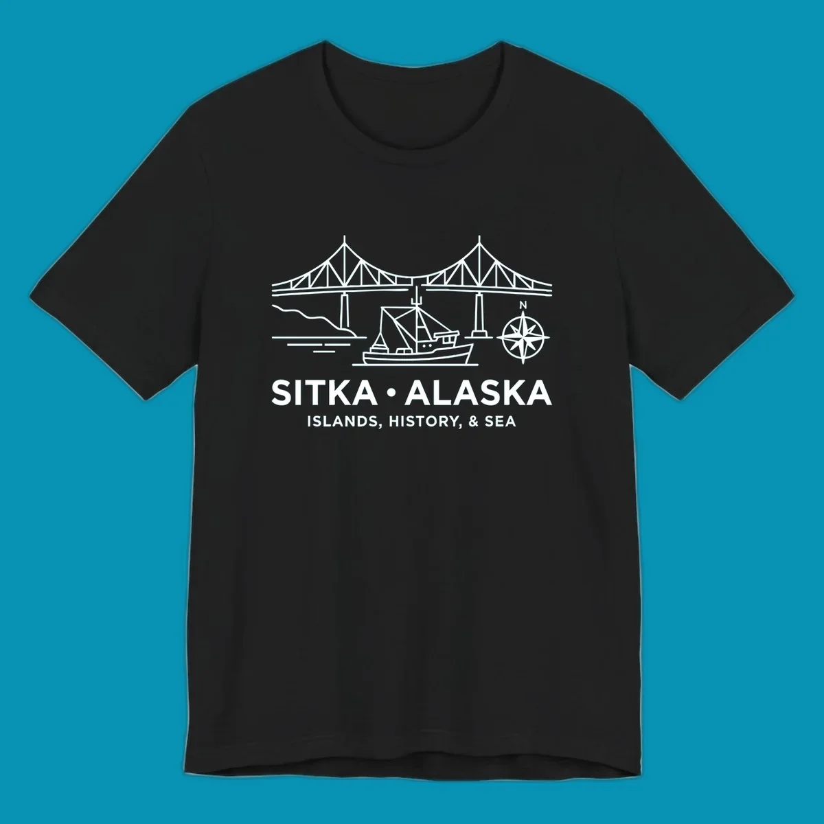 White line art of a bridge, fishing boat, and compass rose over text 'Sitka Alaska Islands, History, & Sea', representing a sitka-alaska-bridge-boat design.