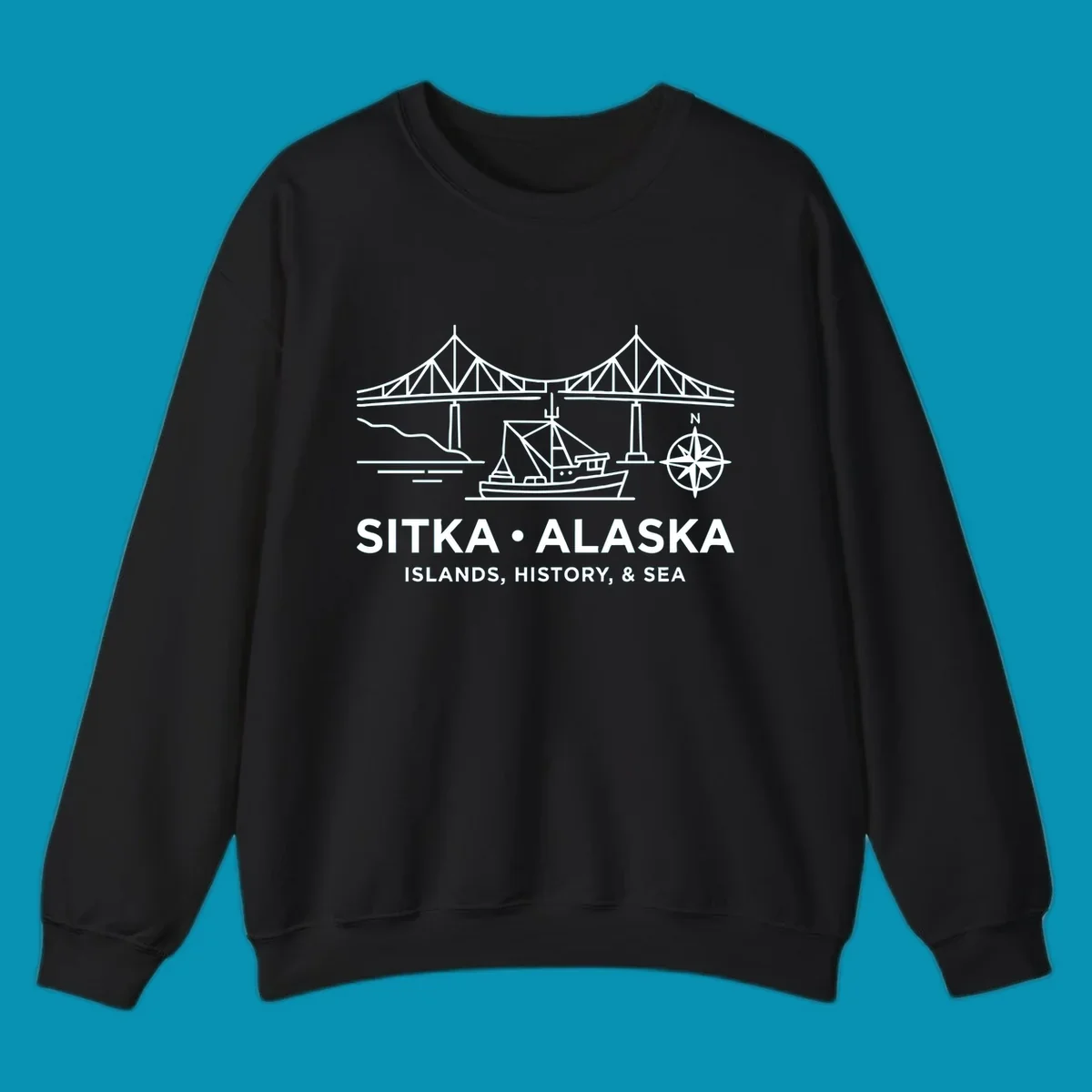 White line art of a bridge, fishing boat, and compass rose over text 'Sitka Alaska Islands, History, & Sea', representing a sitka-alaska-bridge-boat design.