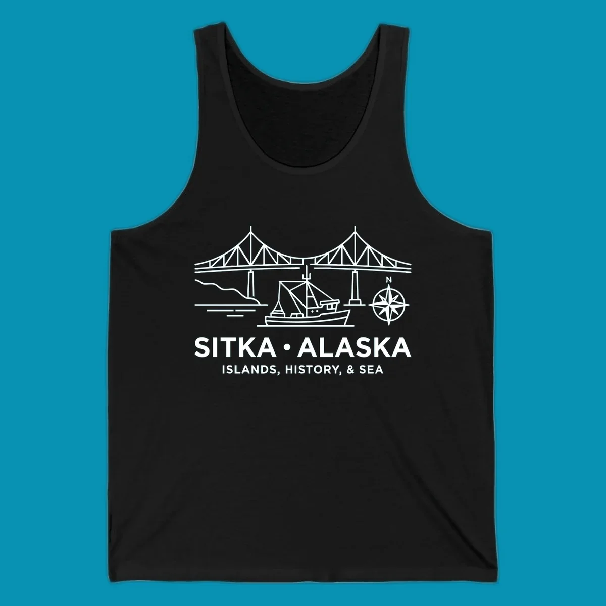 White line art of a bridge, fishing boat, and compass rose over text 'Sitka Alaska Islands, History, & Sea', representing a sitka-alaska-bridge-boat design.