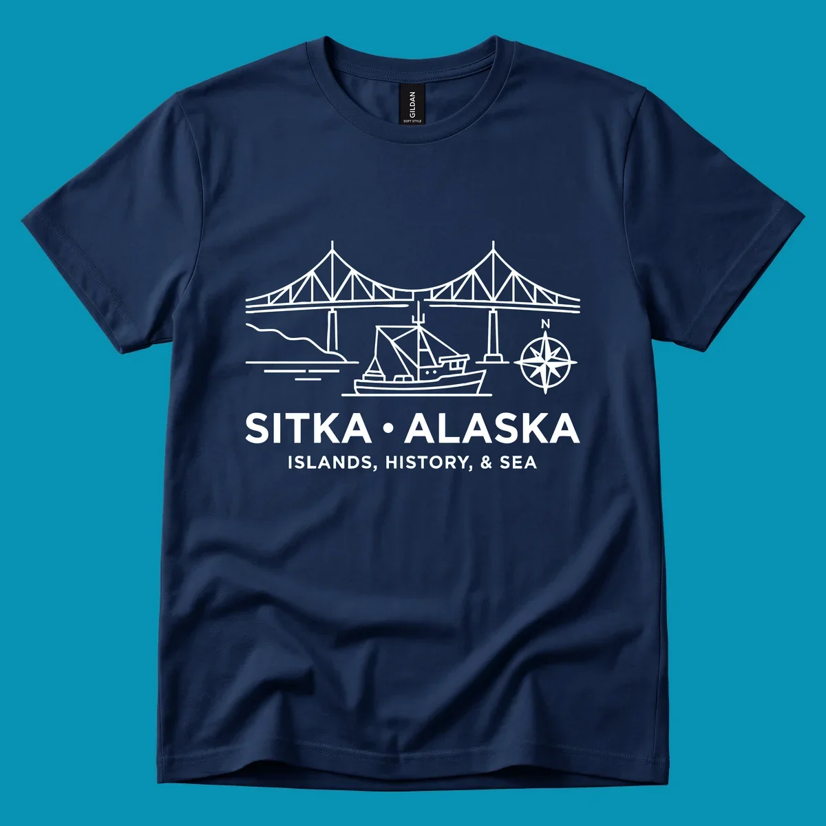 White line art of a bridge, fishing boat, and compass rose over text 'Sitka Alaska Islands, History, & Sea', representing a sitka-alaska-bridge-boat design.