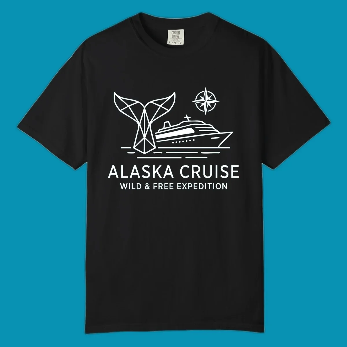 White line art for alaska-wild-free-expedition cruise with geometric whale tail, cruise ship, and compass rose graphic.