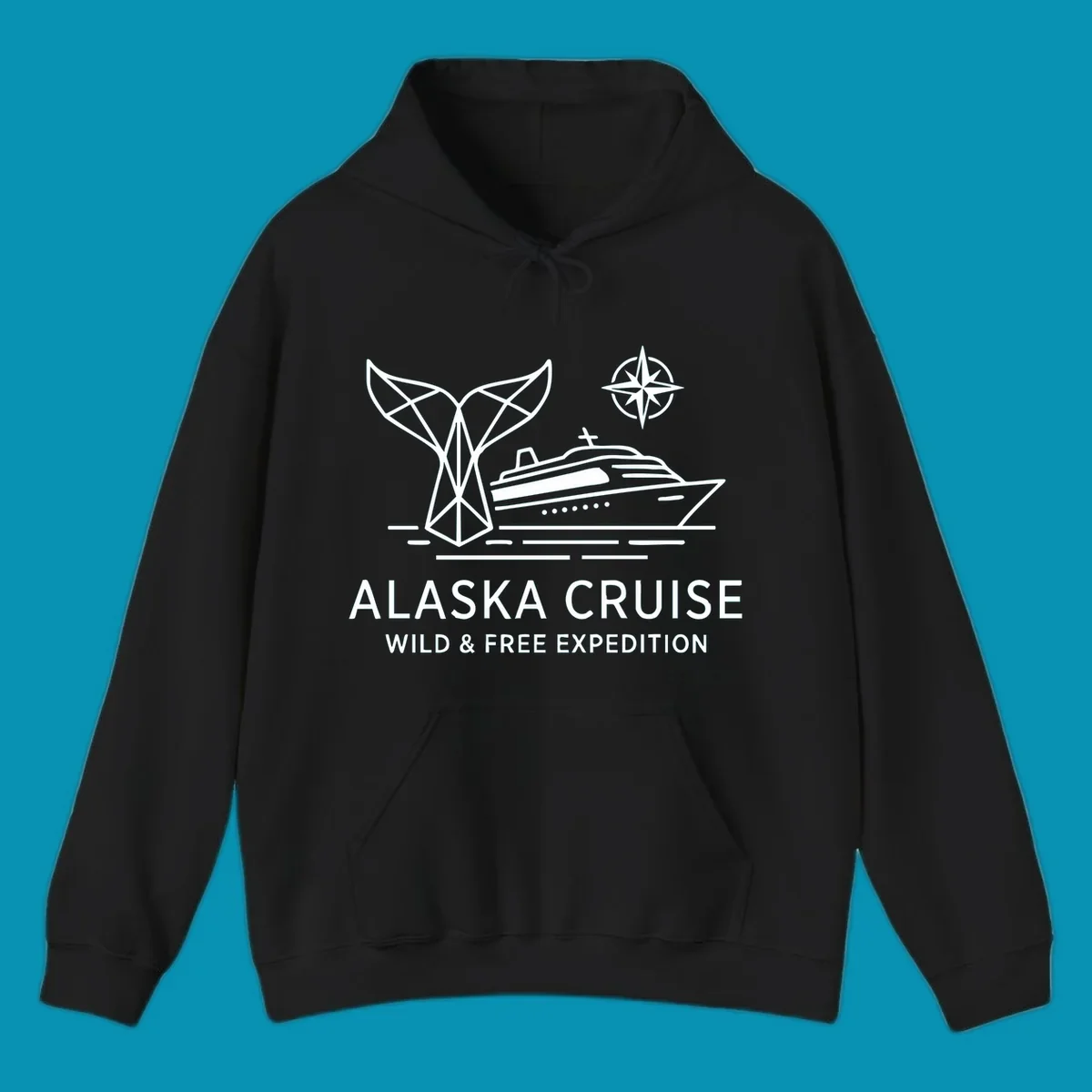 White line art for alaska-wild-free-expedition cruise with geometric whale tail, cruise ship, and compass rose graphic.