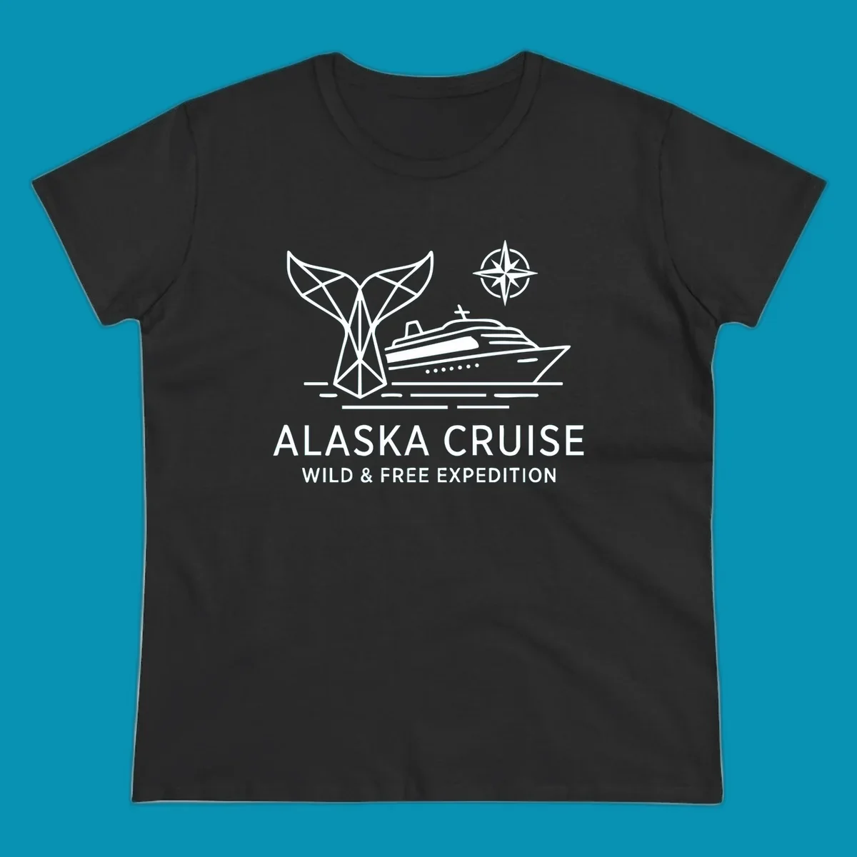 White line art for alaska-wild-free-expedition cruise with geometric whale tail, cruise ship, and compass rose graphic.