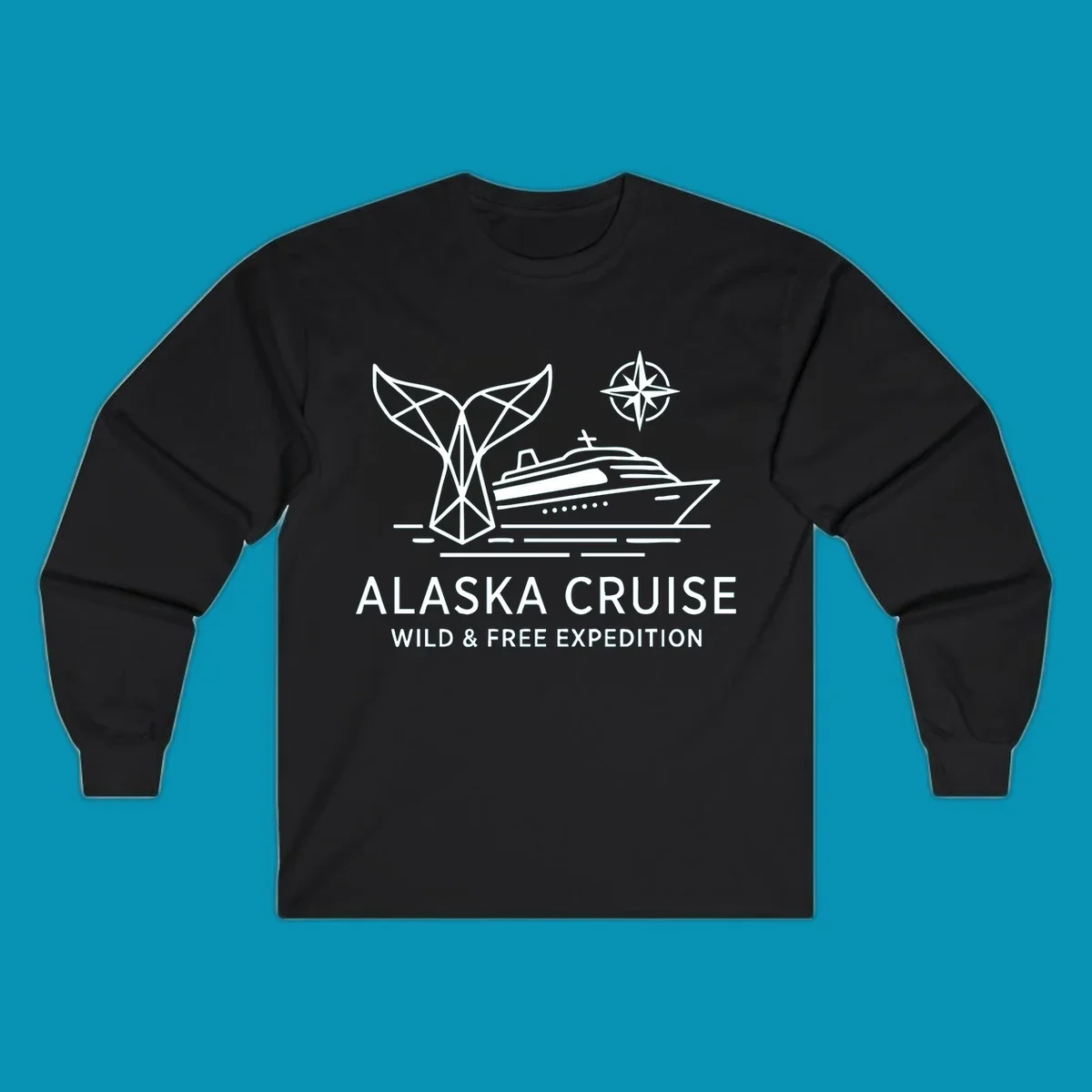 White line art for alaska-wild-free-expedition cruise with geometric whale tail, cruise ship, and compass rose graphic.