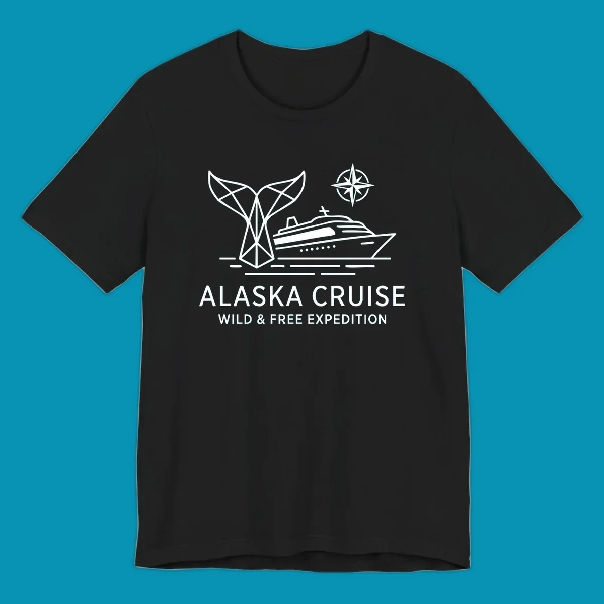 White line art for alaska-wild-free-expedition cruise with geometric whale tail, cruise ship, and compass rose graphic.