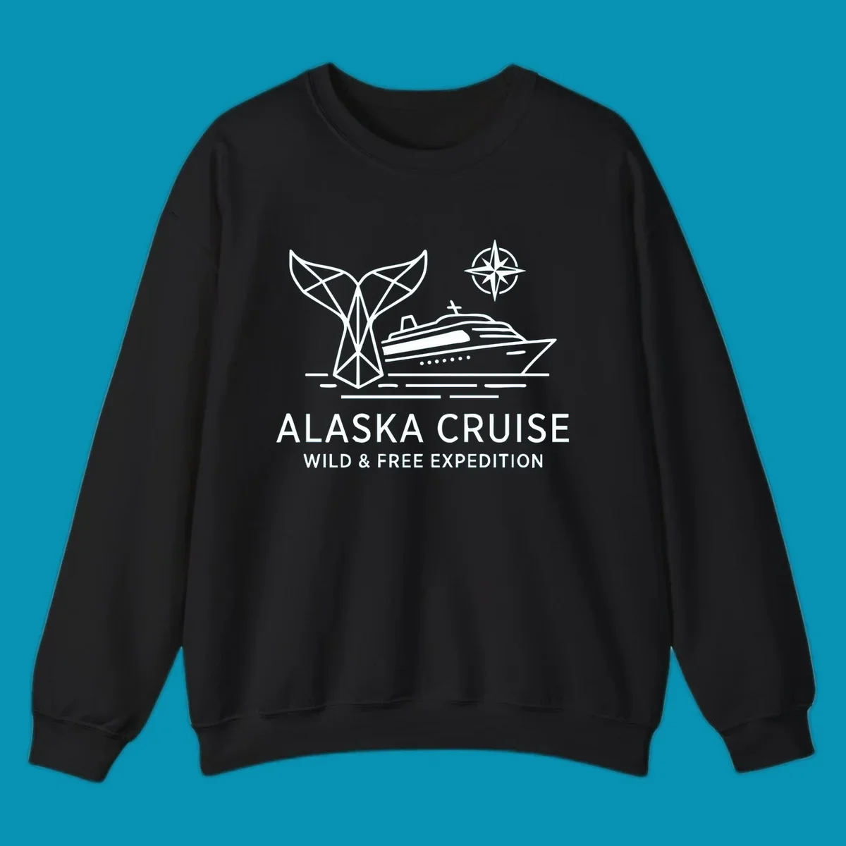 White line art for alaska-wild-free-expedition cruise with geometric whale tail, cruise ship, and compass rose graphic.