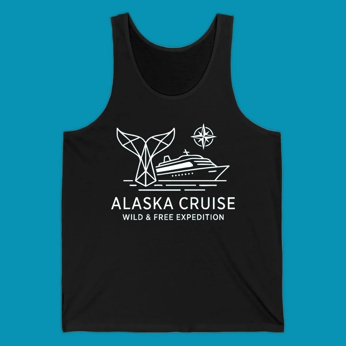 White line art for alaska-wild-free-expedition cruise with geometric whale tail, cruise ship, and compass rose graphic.