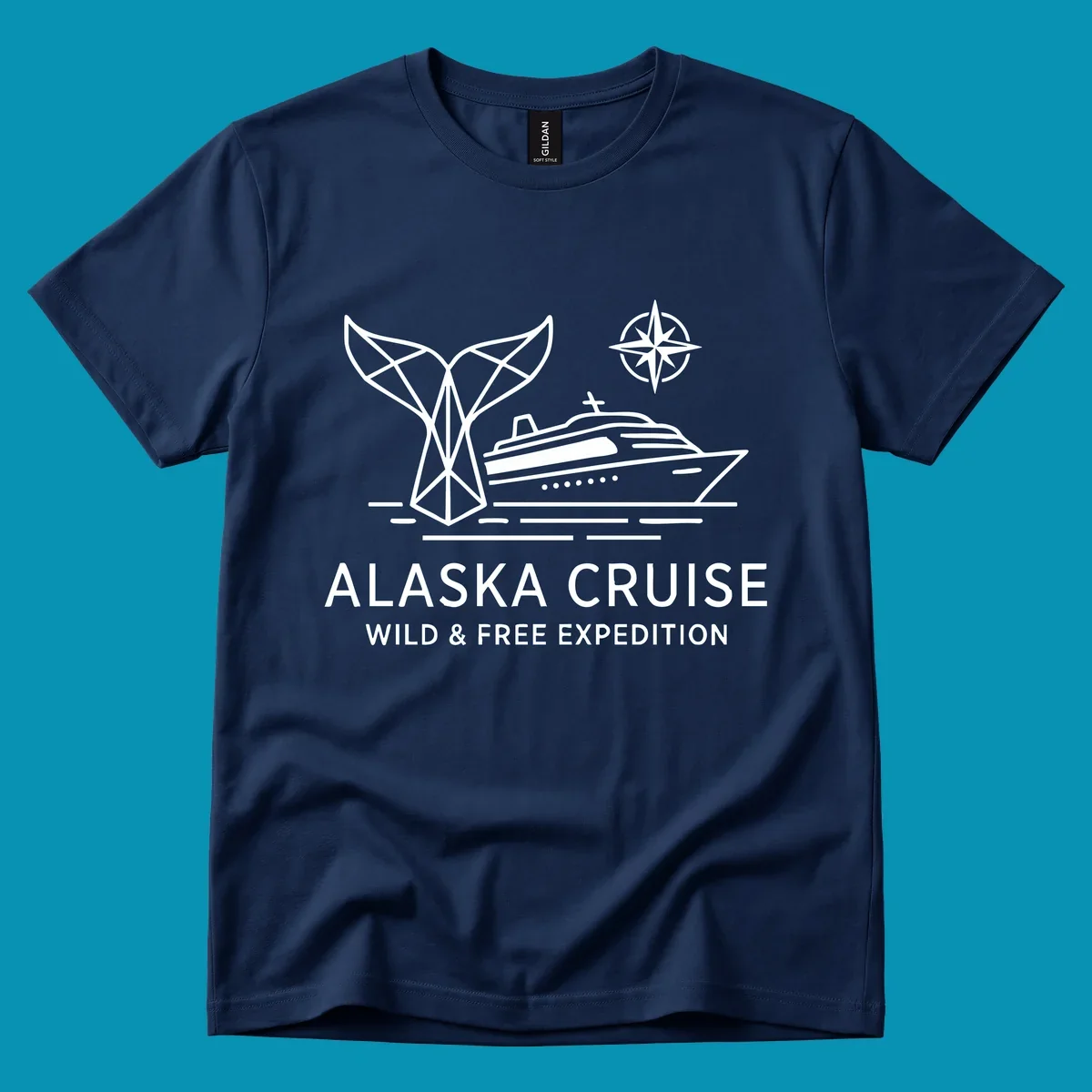 White line art for alaska-wild-free-expedition cruise with geometric whale tail, cruise ship, and compass rose graphic.