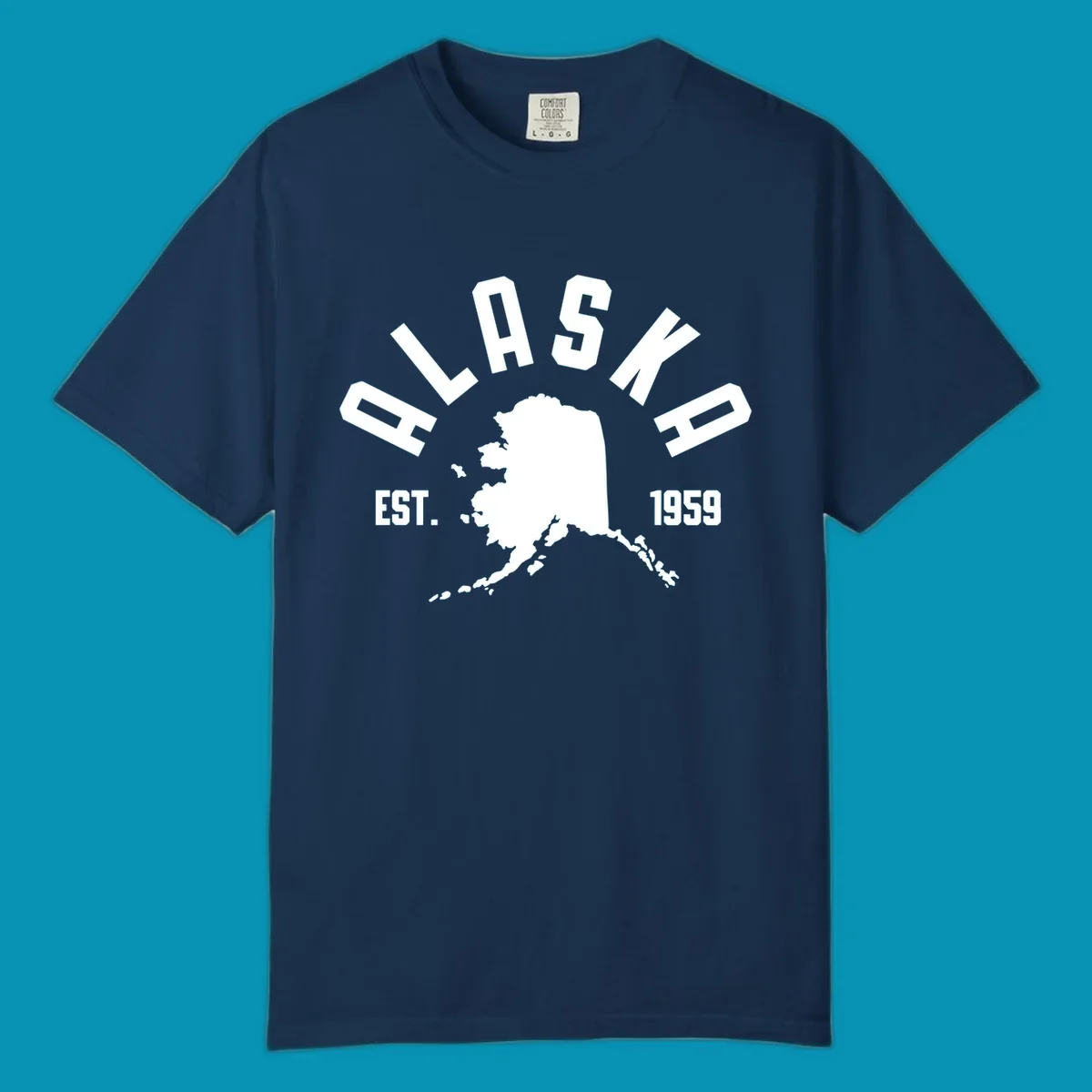White design with 'ALASKA EST. 1959' over an Alaska map silhouette, celebrating the alaska-map-established-1959.