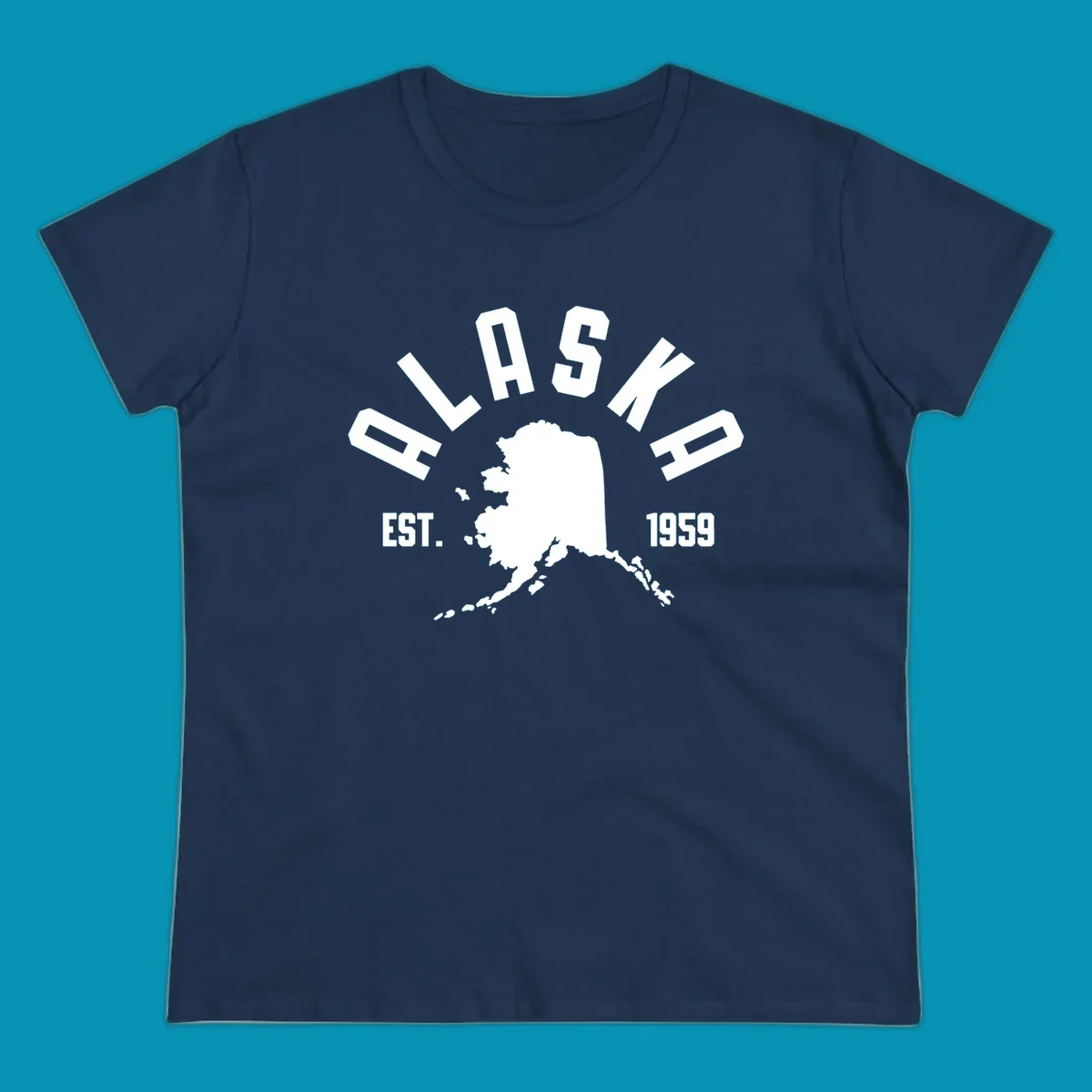 White design with 'ALASKA EST. 1959' over an Alaska map silhouette, celebrating the alaska-map-established-1959.
