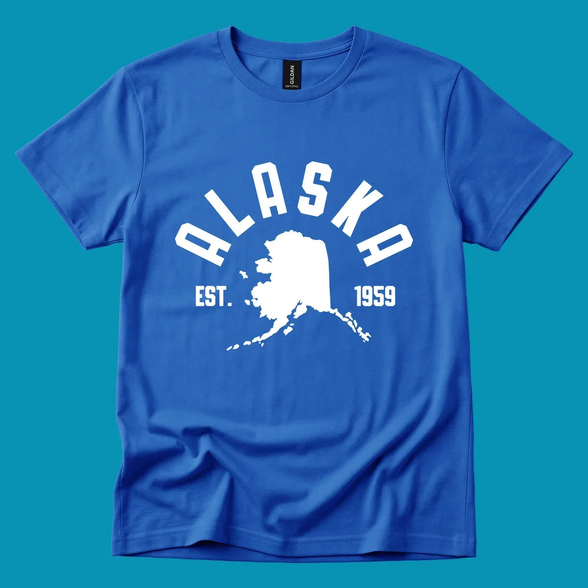 White design with 'ALASKA EST. 1959' over an Alaska map silhouette, celebrating the alaska-map-established-1959.