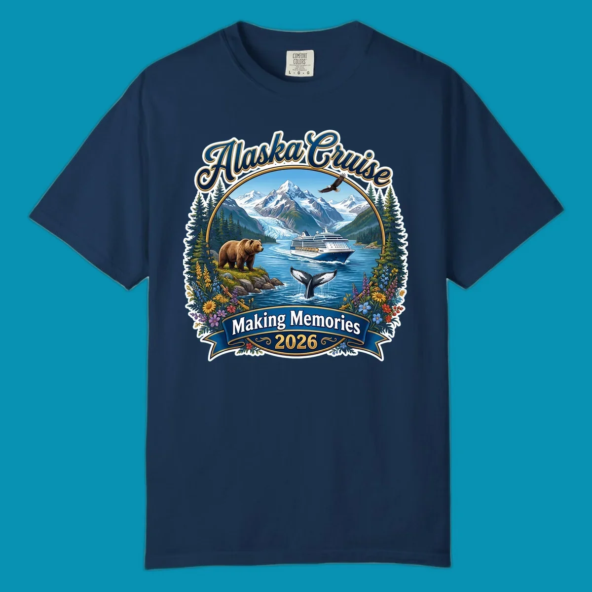Alaska cruise making memories illustration with ship, glacier mountains, bear, whale, eagle, and wildflowers in vintage badge style