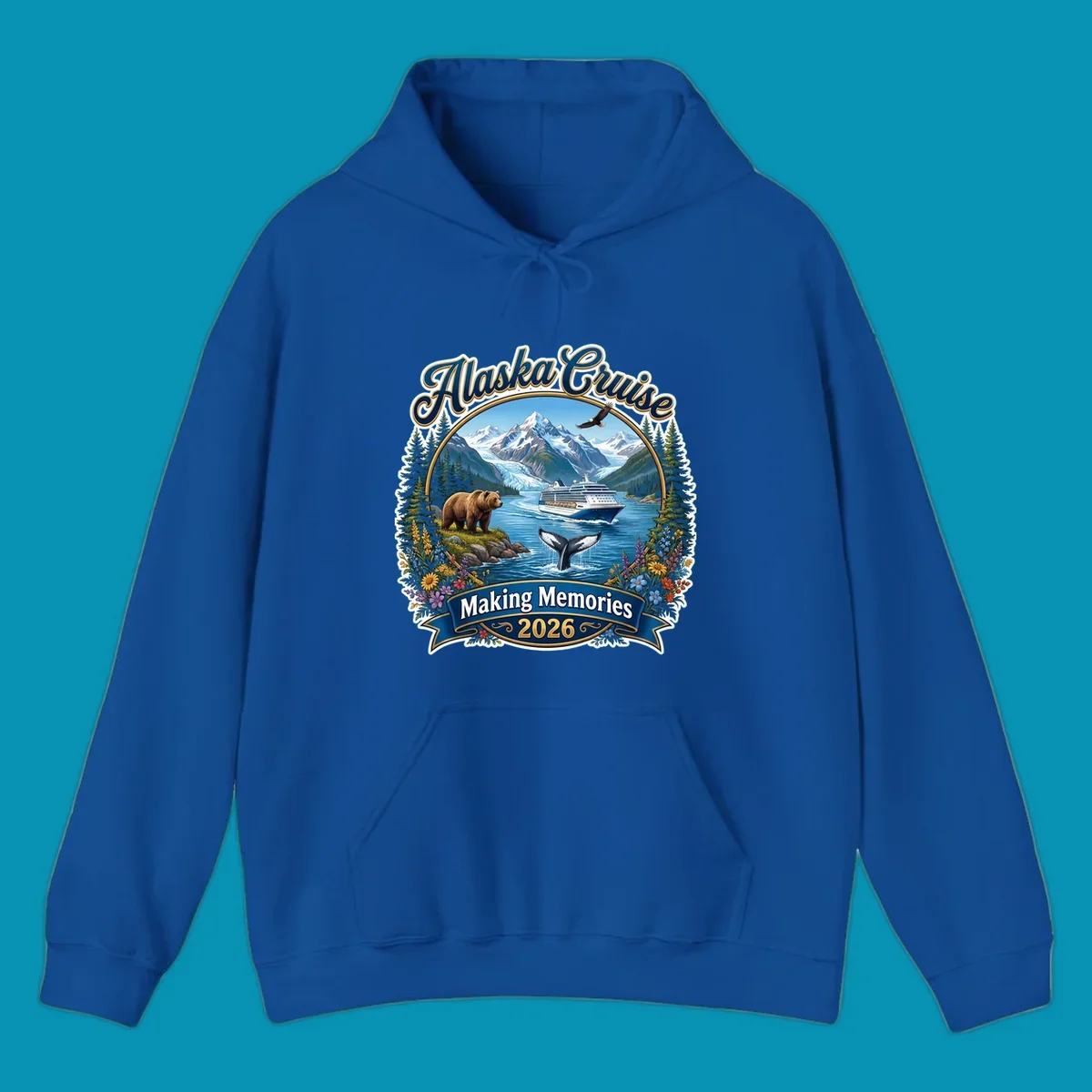 Alaska cruise making memories illustration with ship, glacier mountains, bear, whale, eagle, and wildflowers in vintage badge style