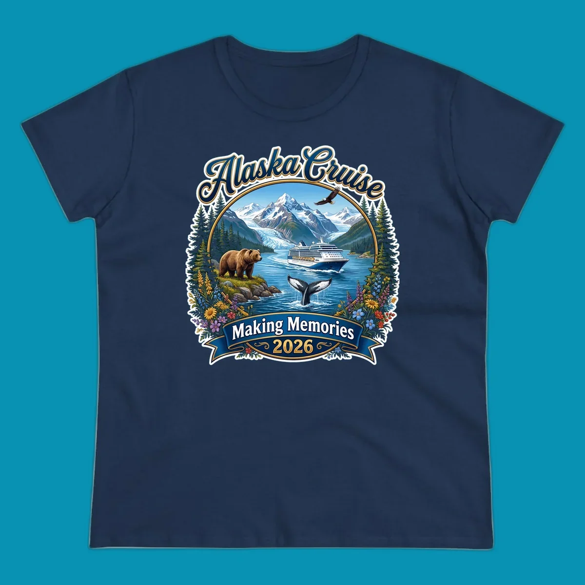 Alaska cruise making memories illustration with ship, glacier mountains, bear, whale, eagle, and wildflowers in vintage badge style