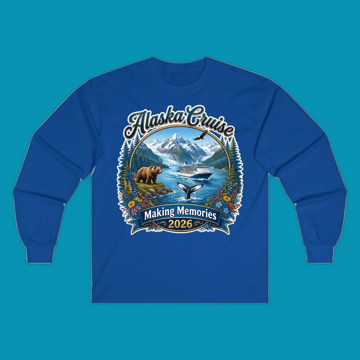 Alaska cruise making memories illustration with ship, glacier mountains, bear, whale, eagle, and wildflowers in vintage badge style