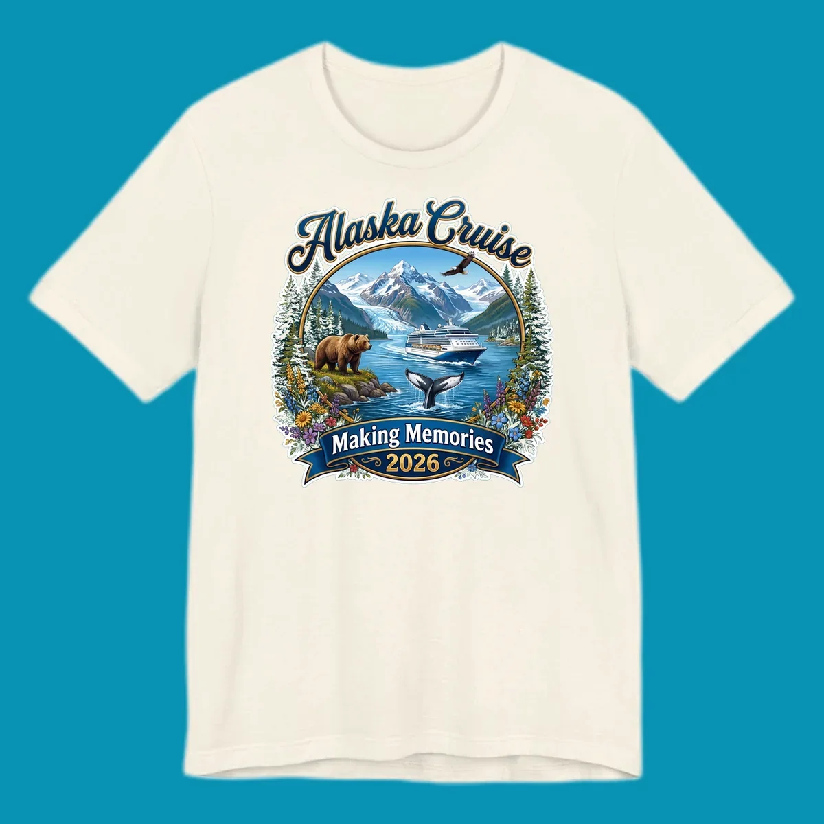 Alaska cruise making memories illustration with ship, glacier mountains, bear, whale, eagle, and wildflowers in vintage badge style