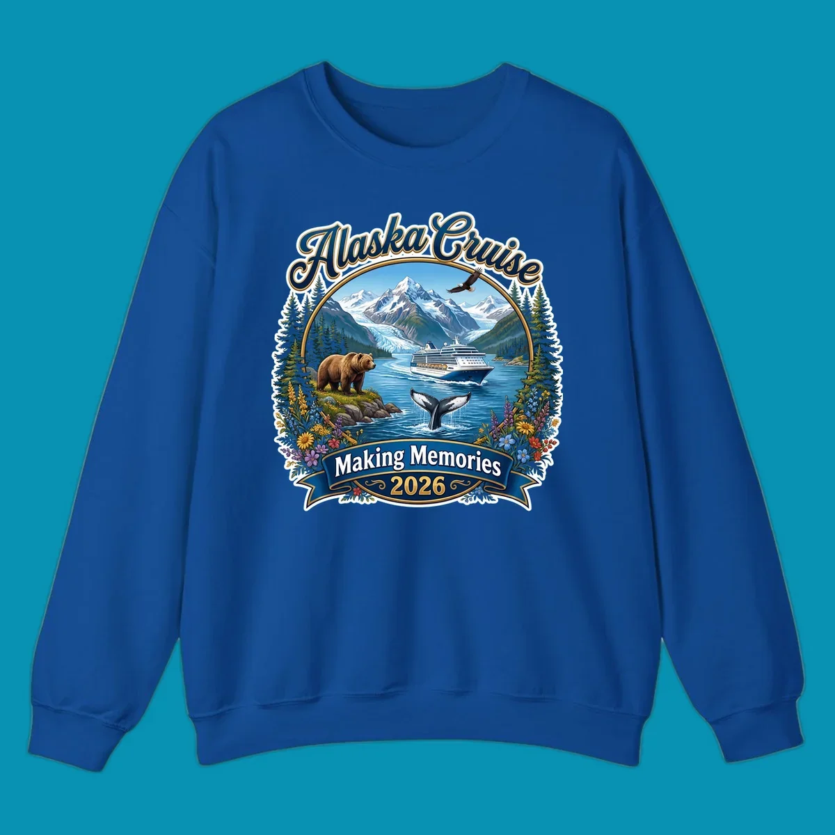 Alaska cruise making memories illustration with ship, glacier mountains, bear, whale, eagle, and wildflowers in vintage badge style