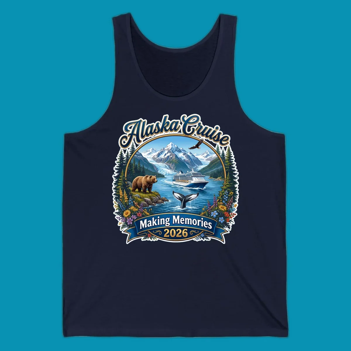 Alaska cruise making memories illustration with ship, glacier mountains, bear, whale, eagle, and wildflowers in vintage badge style