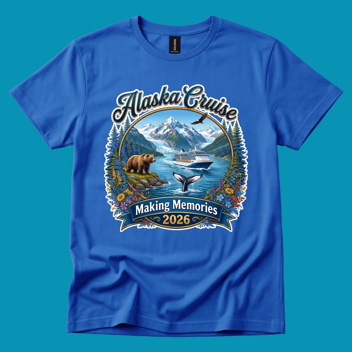 Alaska cruise making memories illustration with ship, glacier mountains, bear, whale, eagle, and wildflowers in vintage badge style