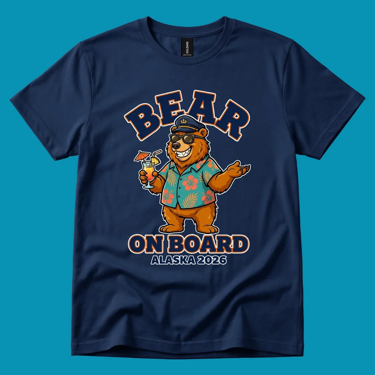 Cartoon bear-on-board-alaska wearing captain's hat, sunglasses, and Hawaiian shirt, holding a tropical drink, with text 'BEAR ON BOARD ALASKA 2026'.