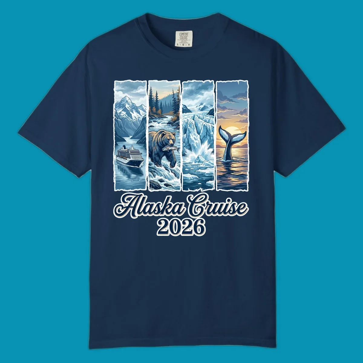 Illustrated collage for Alaska cruise adventure collage 2026 showing a cruise ship, bear with fish, glacier, and whale tail.