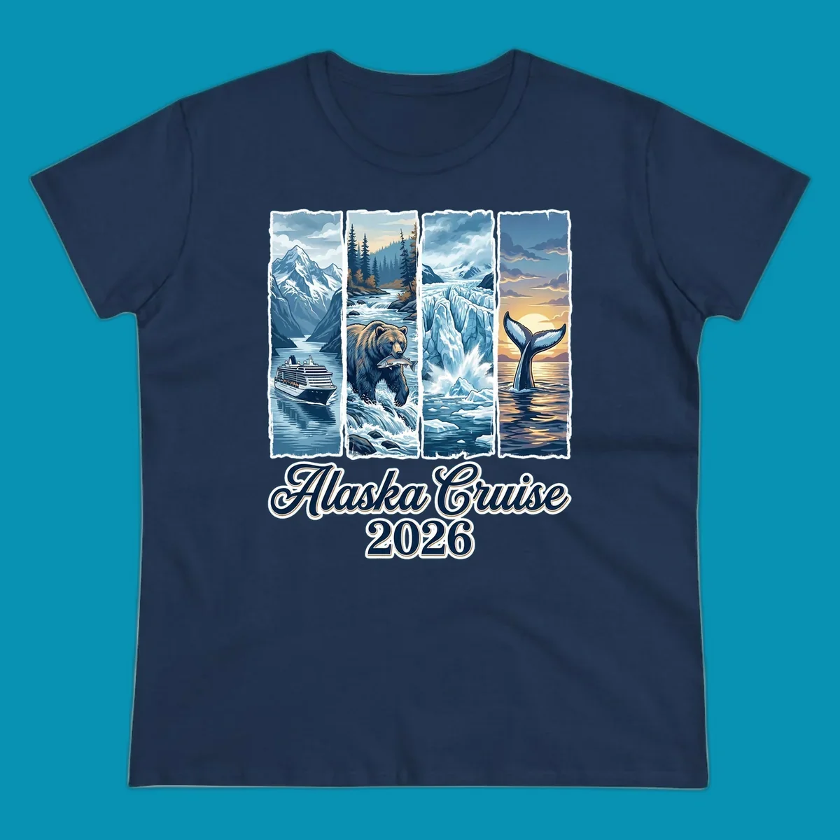 Illustrated collage for Alaska cruise adventure collage 2026 showing a cruise ship, bear with fish, glacier, and whale tail.