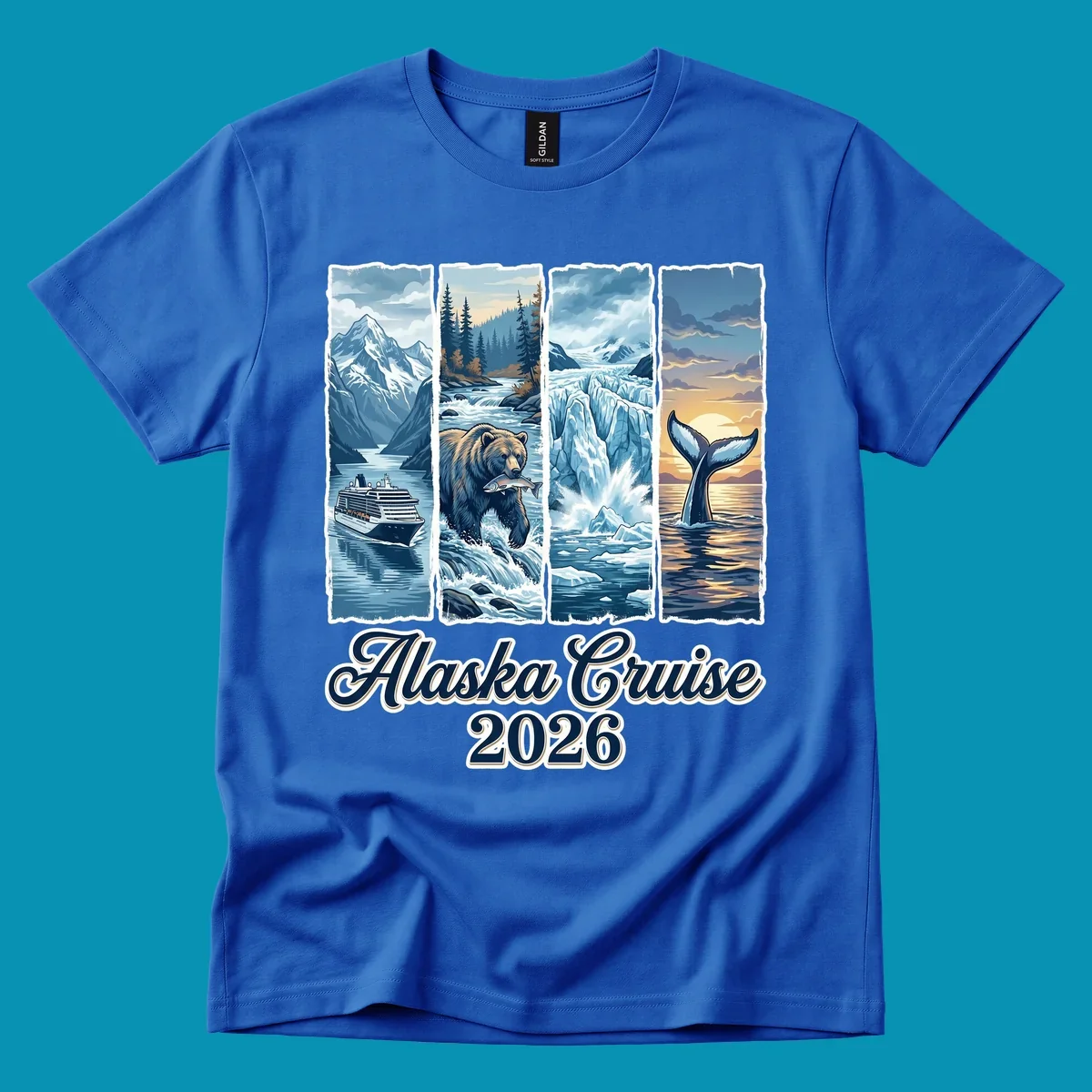 Illustrated collage for Alaska cruise adventure collage 2026 showing a cruise ship, bear with fish, glacier, and whale tail.