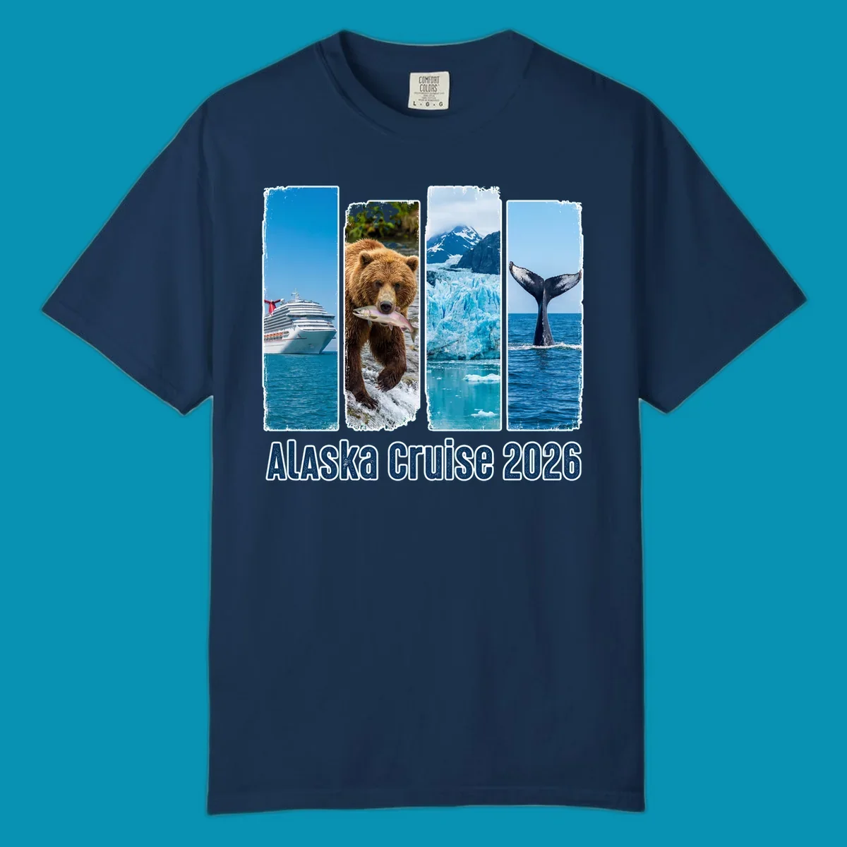 Four vertical panels depict an Alaska cruise ship, a grizzly bear with a salmon, a glacier, and a whale tail, with 'Alaska Cruise 2026' text. Features an alaska-adventure-panels theme.