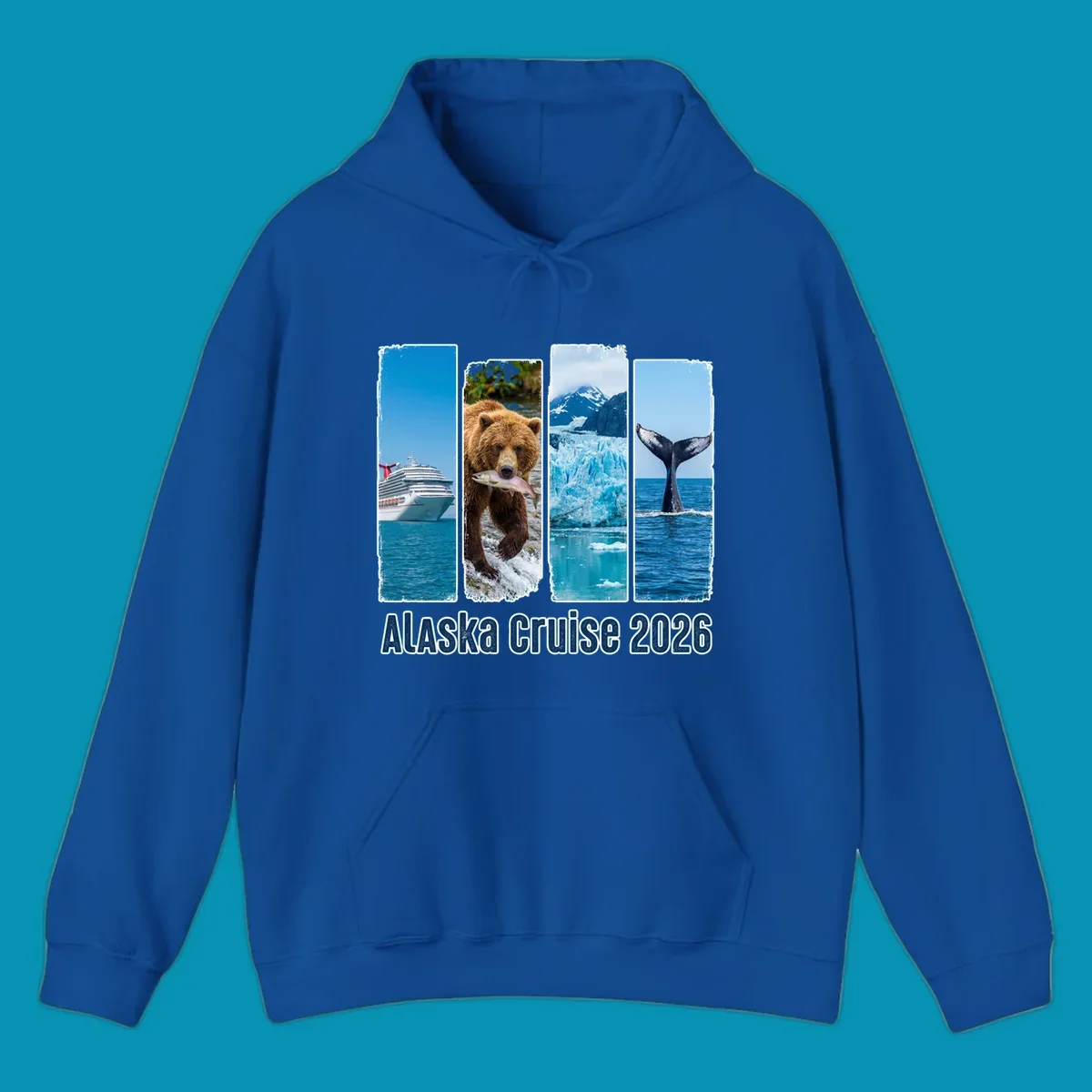 Four vertical panels depict an Alaska cruise ship, a grizzly bear with a salmon, a glacier, and a whale tail, with 'Alaska Cruise 2026' text. Features an alaska-adventure-panels theme.