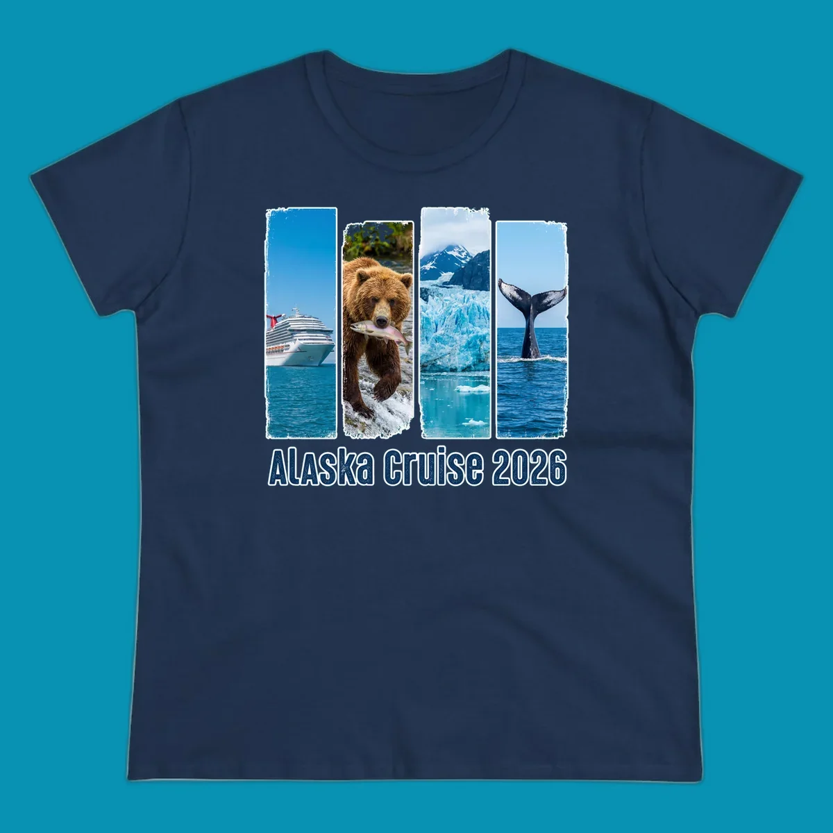 Four vertical panels depict an Alaska cruise ship, a grizzly bear with a salmon, a glacier, and a whale tail, with 'Alaska Cruise 2026' text. Features an alaska-adventure-panels theme.