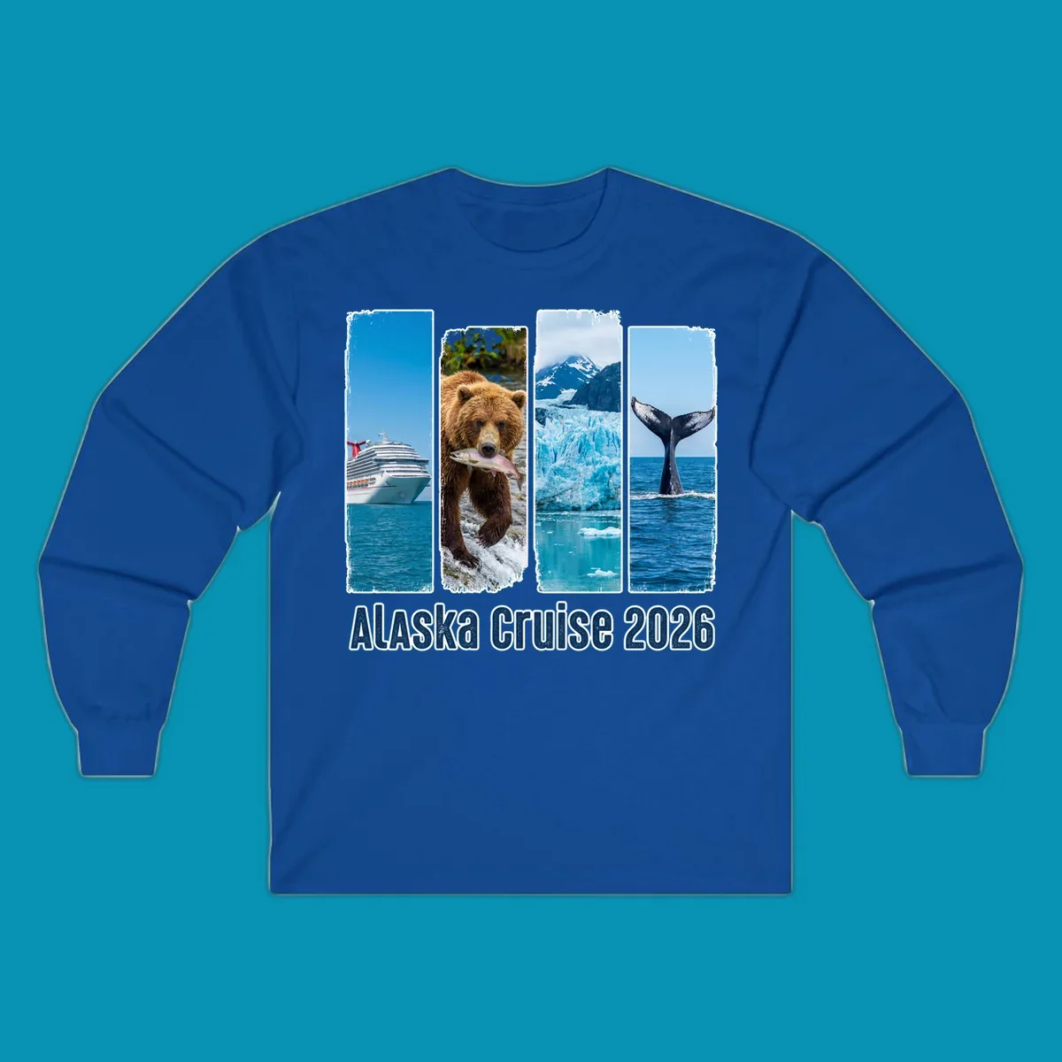 Four vertical panels depict an Alaska cruise ship, a grizzly bear with a salmon, a glacier, and a whale tail, with 'Alaska Cruise 2026' text. Features an alaska-adventure-panels theme.