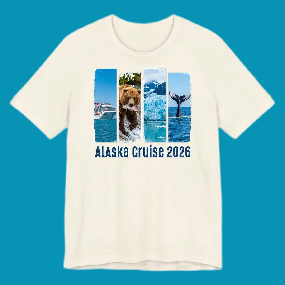 Four vertical panels depict an Alaska cruise ship, a grizzly bear with a salmon, a glacier, and a whale tail, with 'Alaska Cruise 2026' text. Features an alaska-adventure-panels theme.