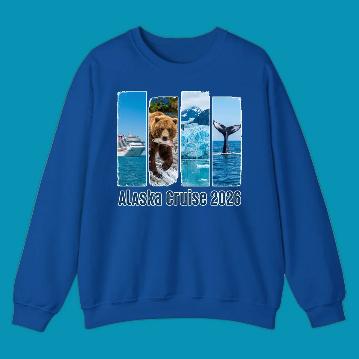 Four vertical panels depict an Alaska cruise ship, a grizzly bear with a salmon, a glacier, and a whale tail, with 'Alaska Cruise 2026' text. Features an alaska-adventure-panels theme.
