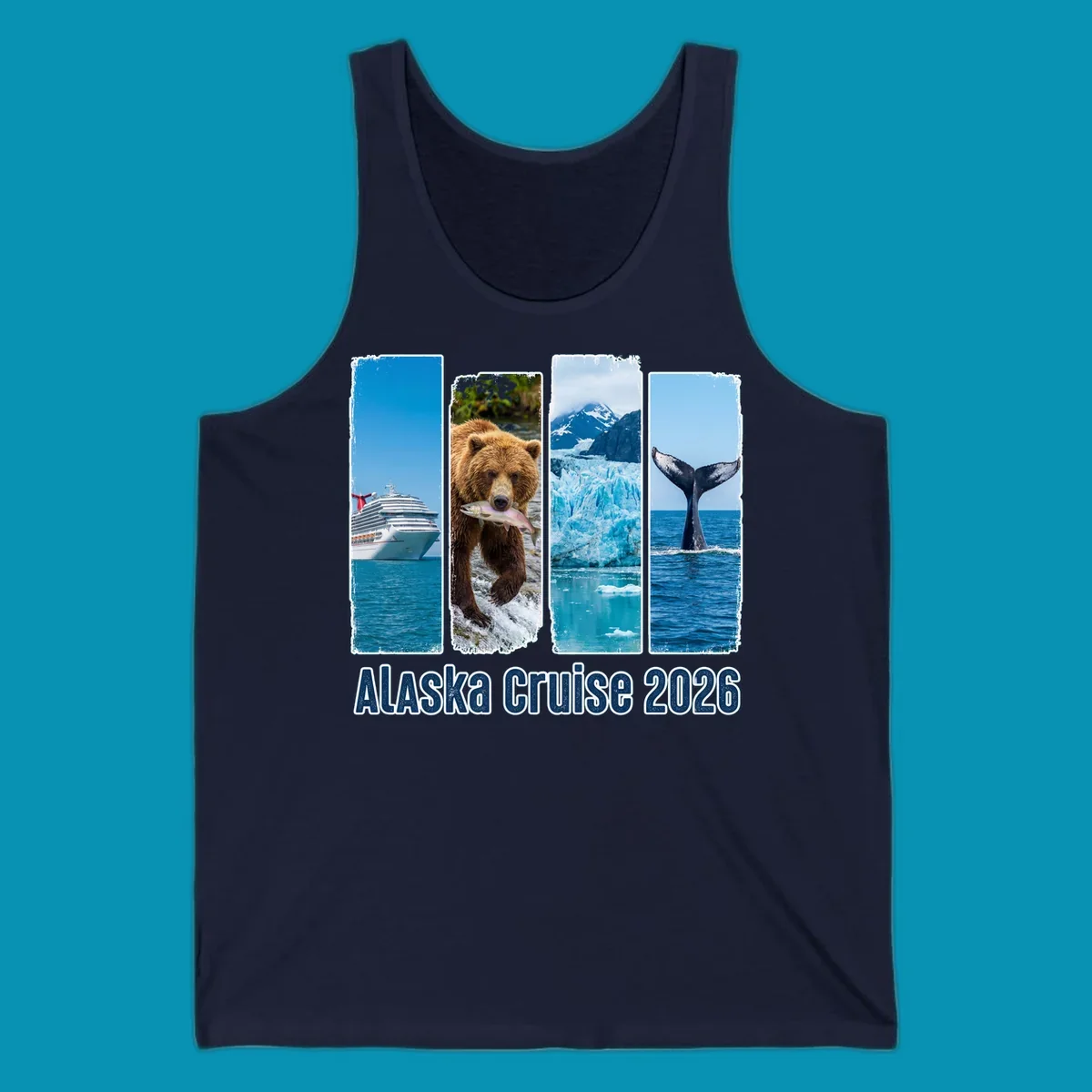 Four vertical panels depict an Alaska cruise ship, a grizzly bear with a salmon, a glacier, and a whale tail, with 'Alaska Cruise 2026' text. Features an alaska-adventure-panels theme.