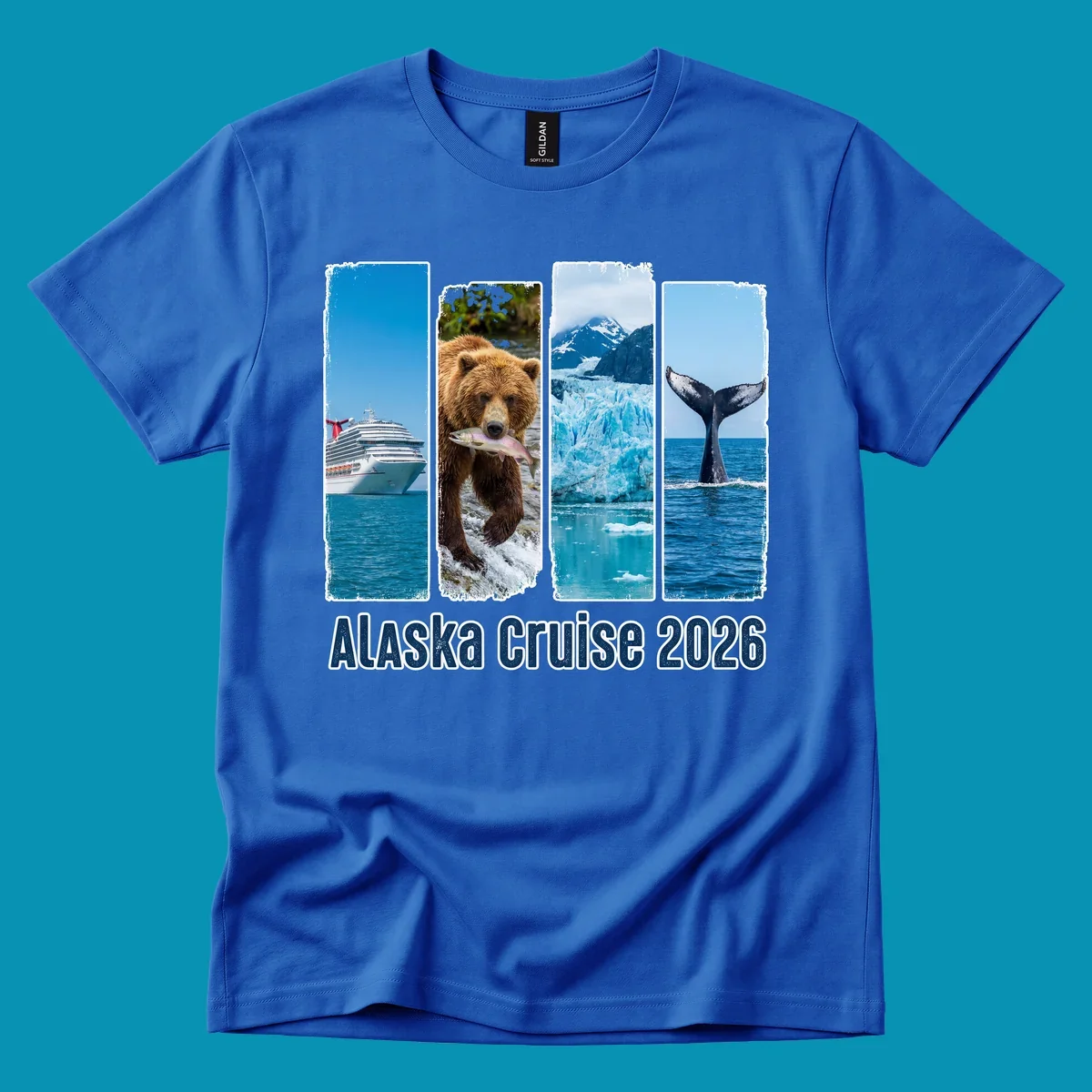 Four vertical panels depict an Alaska cruise ship, a grizzly bear with a salmon, a glacier, and a whale tail, with 'Alaska Cruise 2026' text. Features an alaska-adventure-panels theme.