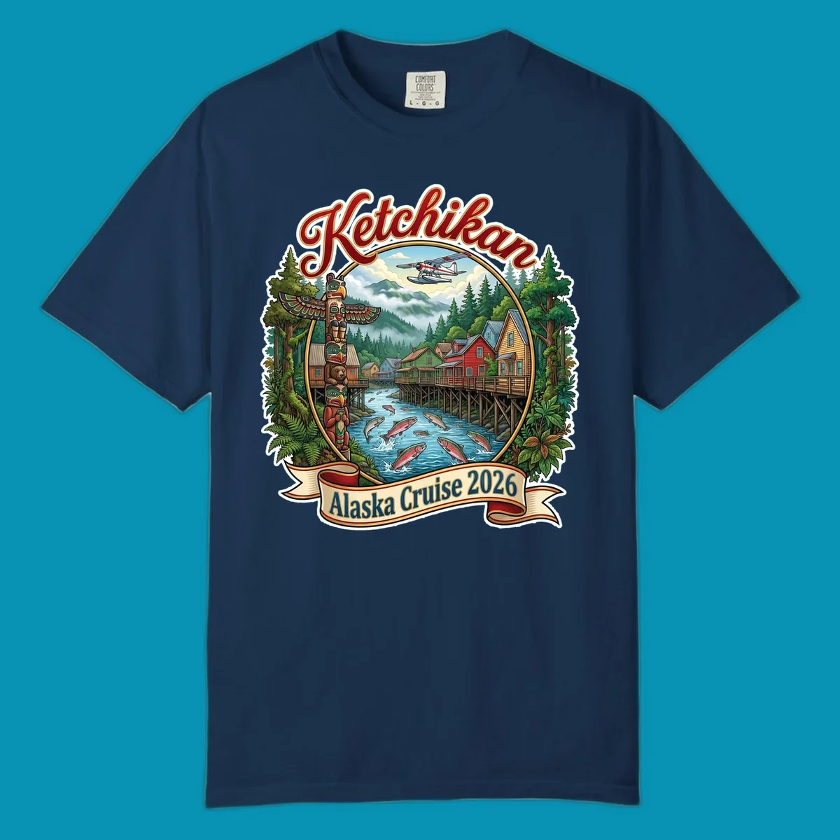 Colorful illustration of Ketchikan, Alaska, with a totem pole, stilt houses, jumping salmon, mountains, seaplane, and 'Ketchikan Alaska Cruise 2026' text, highlighting the ketchikan-alaska-totem-salmon experience.